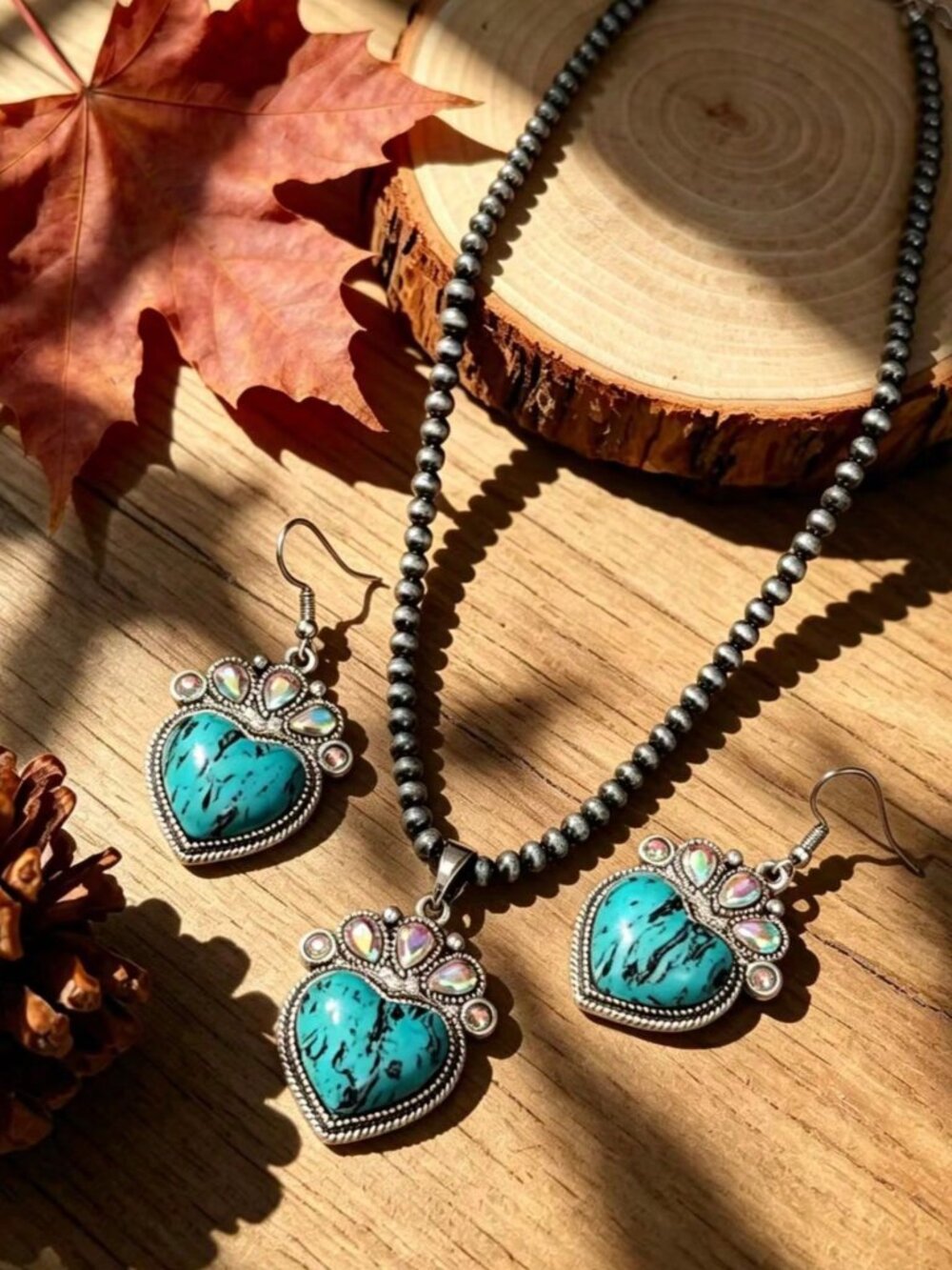 Bohemian Style faux blue turquoise Heart-Shaped Beaded Necklace And Earrings set